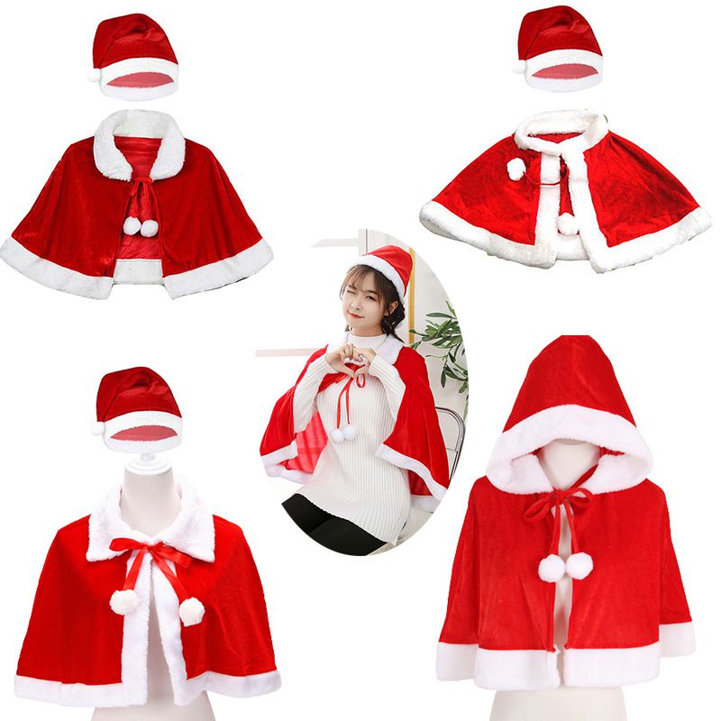 Unisex Adult Kid Christmas Cape With Hat Santa Claus Velvet Red Short ...