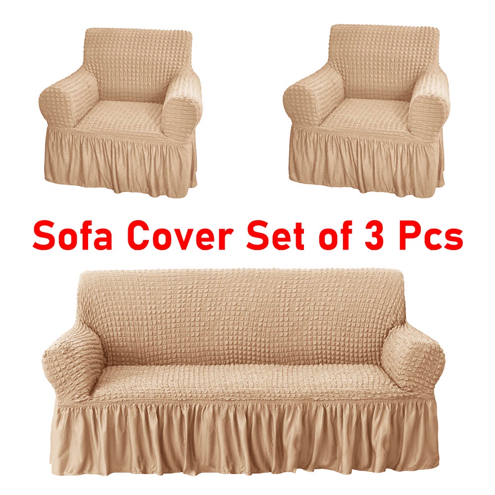 Sofa Cover Set of 3 Pcs Elastic Seersucker Sofa Seat Cover With Lace ...