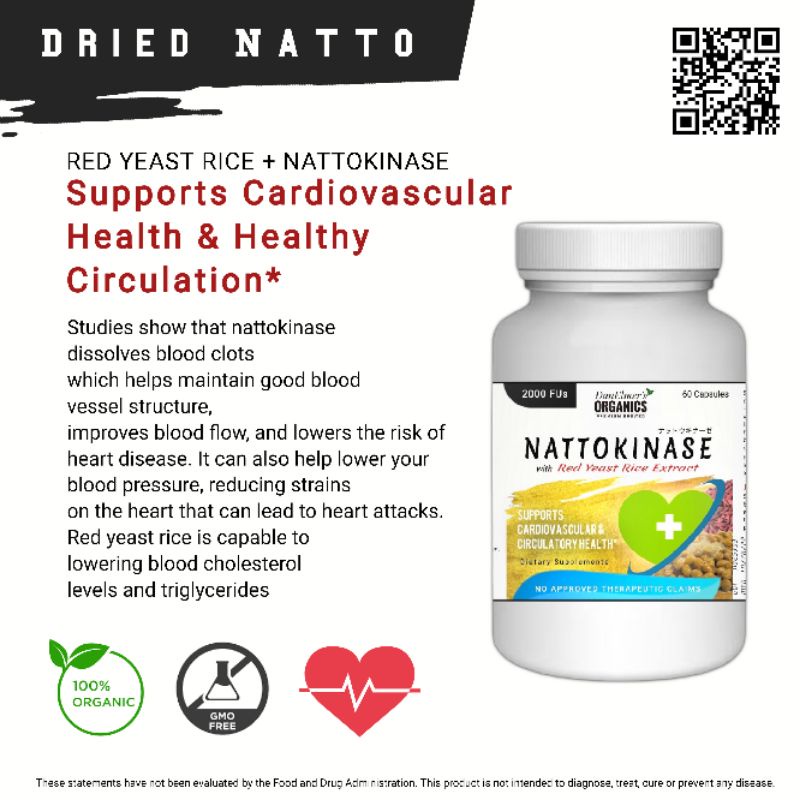 NATTOKINASE + Red Yeast Rice Extract Non GMO & Potent Source of Vitamin