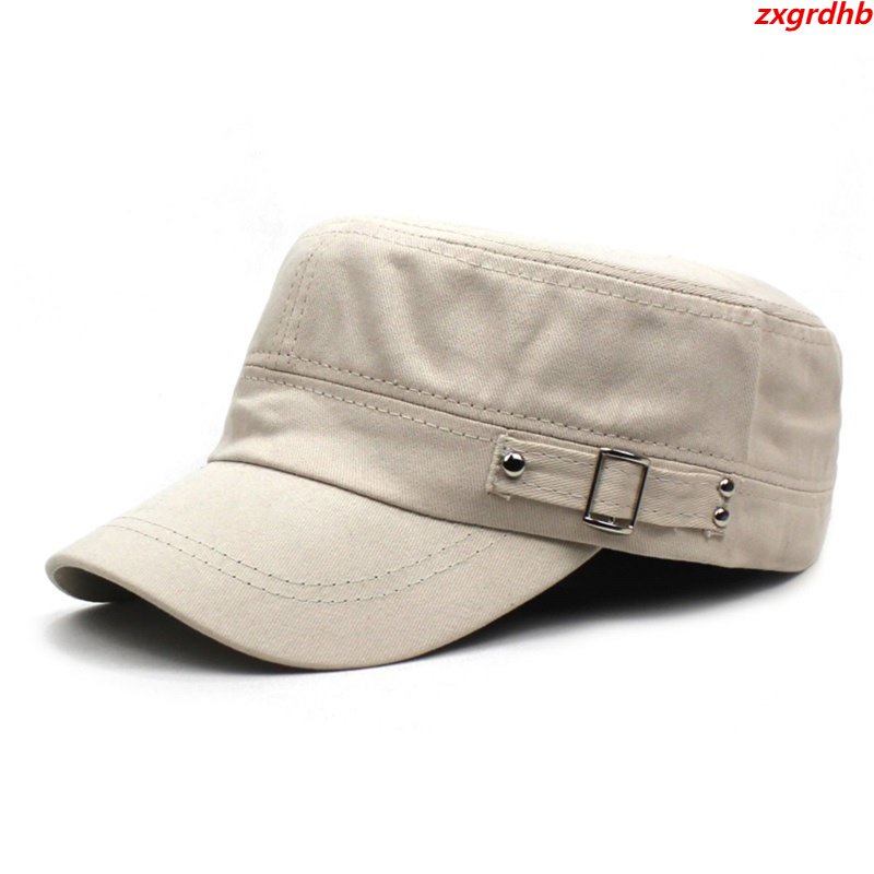 Military Style Cap Men Women Pure Color Flat Top Cap Adjustable Visor
