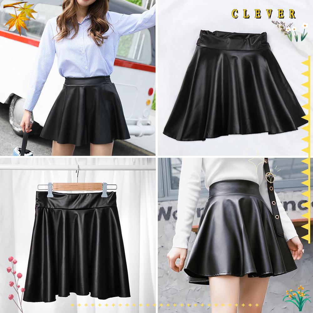CLEVERHD Faux Leather Skirts Women Girls Elastic Work Multipurpose High ...
