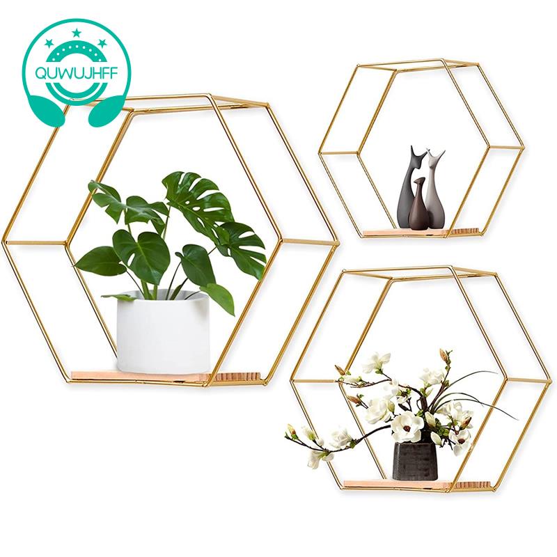 3Pcs Hexagon Wall Shelves Hanging Shelves Metal and Wood Floating