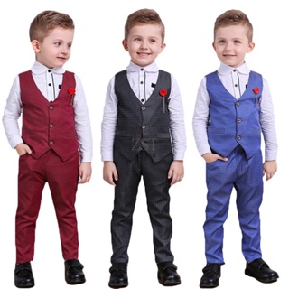 Kids Boys Suit Formal Attire Plaid Blazer Pants Suits Set Gentleman Outfit  Toddler Navy Blue Gray Dresswear