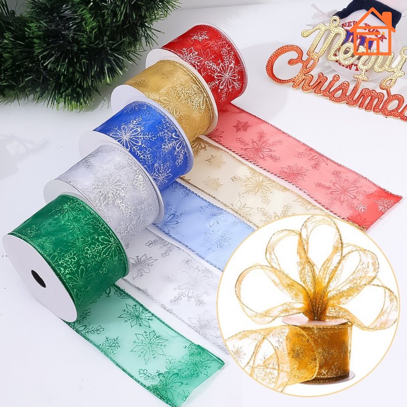 10M Christmas DIY Gift Wrapping Ribbons Snow Gauze Ribbon Bowknot ...