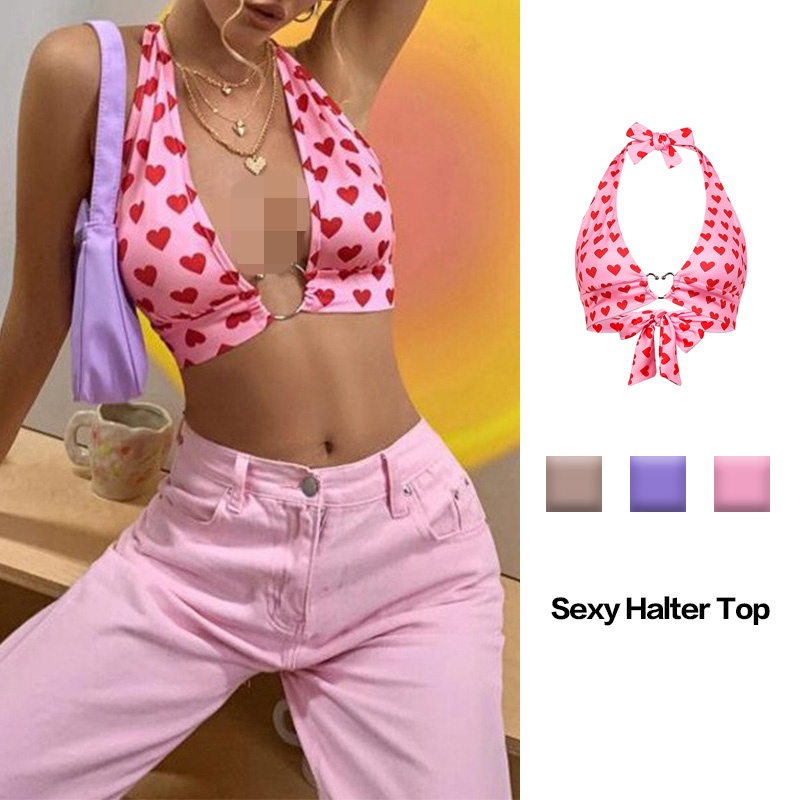 Halter Top For Women Sexy Deep V Neck Backless Tops Hearts Shape Pattern No Steel Ring Sexy Bra 4699