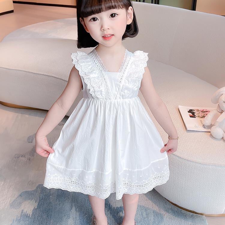 Girls White Princess Short Sleeves Lace Kids Dress Birthday Party