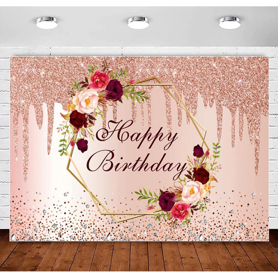 Rose Gold Birthday Backdrop Burgundy Flower Happy Birthday Photography ...