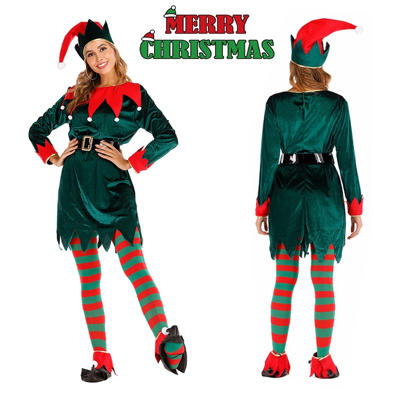 Santa Claus Helper Cosplay Women Dress Green Christmas Elf Costume For Adult Xmas Workshop New