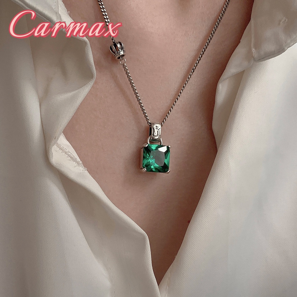 S925 Thai Silver Vintage Emerald Pendant Green Diamond Crown Double Sided Necklace