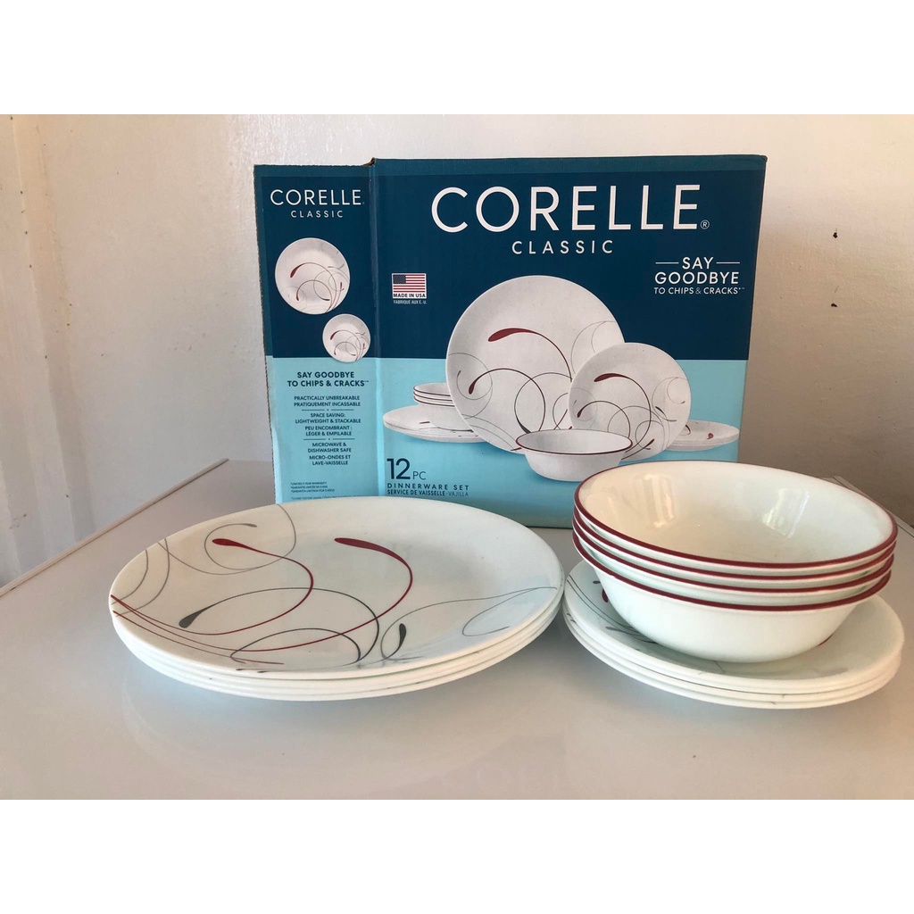 12pc Dinnerware Set CORELLE Classic Corelle Splendor White and Red