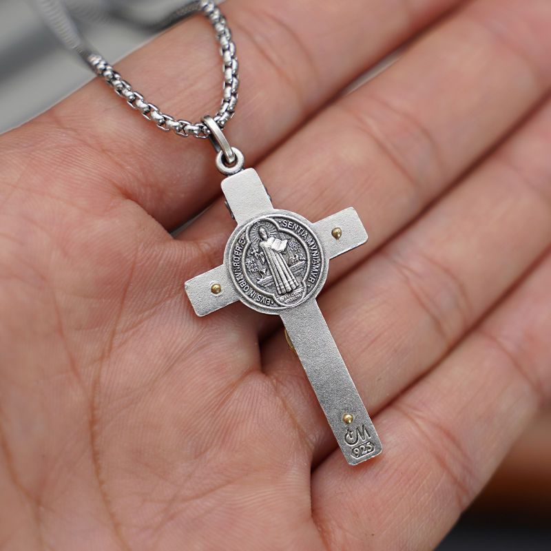 925 Sterling Silver St. Benedict Simple Cross Men Necklace Pendant ...