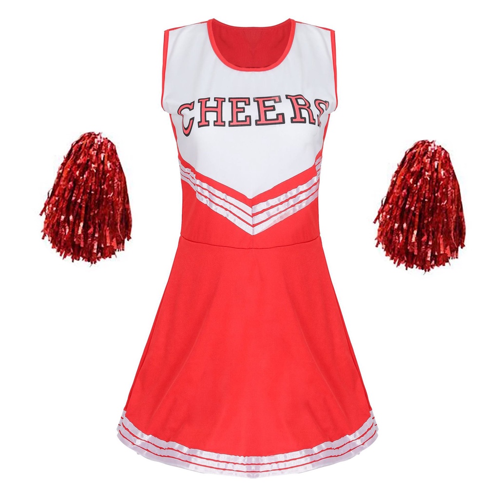 Cheerleader Stage Performance Red Dress+Pompoms Cheerleading Costumes ...