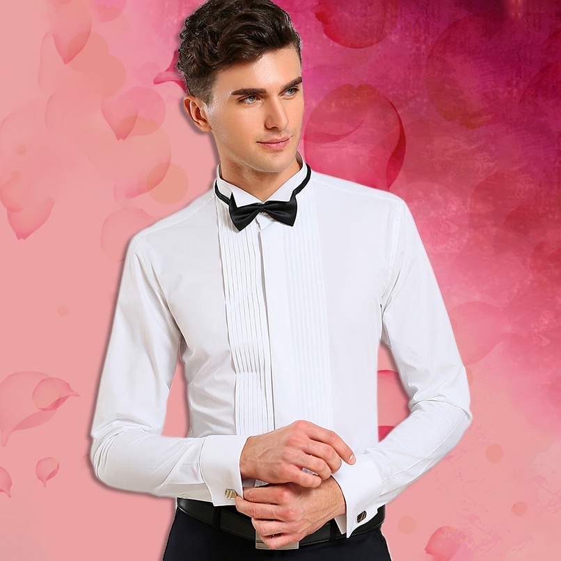 Wing Tip Collar Tuxedo Shirt Long Sleeve Men s French Cuff Button Wedding Dress Shirts Wingtip White Black Pleat with Bowtie Shopee Philippines