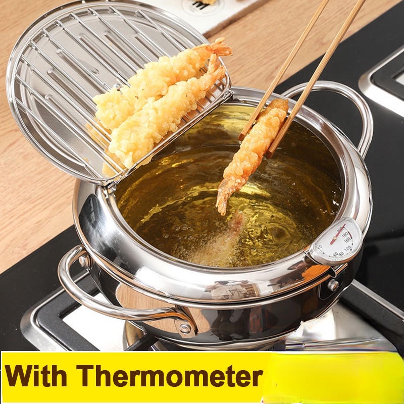 Japanese style 304 stainless steel 24CM deep fryer pot with thermometer