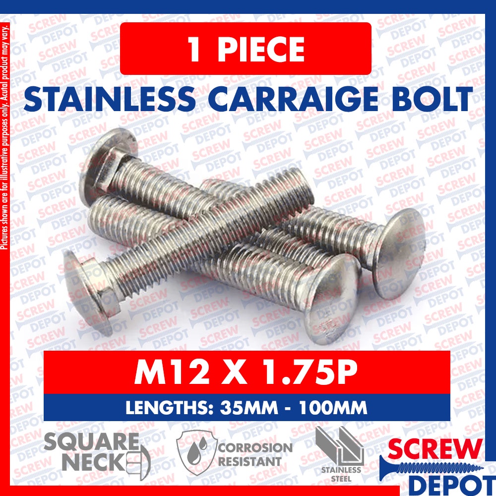 1PC M12 ( 12mm ) SS Carriage Bolt / Stainless Bumper Bolt Square Neck / Coach Bolt Screw Depot