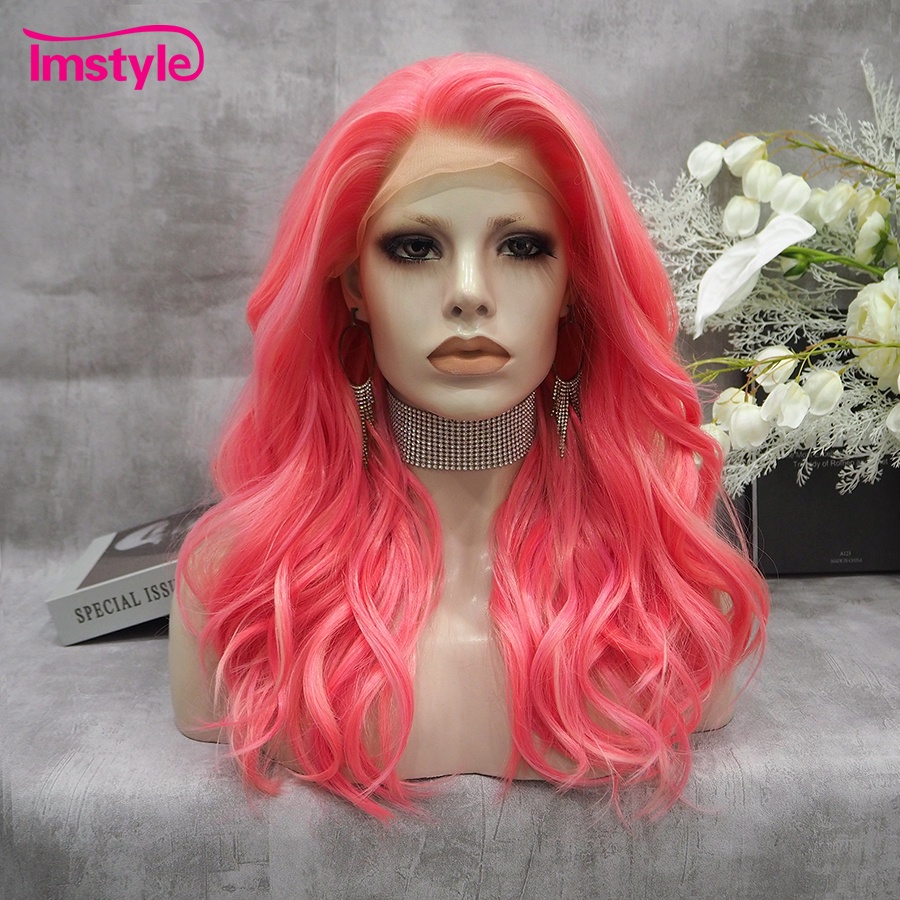 ♘Imstyle Pink Wig Synthetic Lace Front Wig Highlight Blonde Wigs For