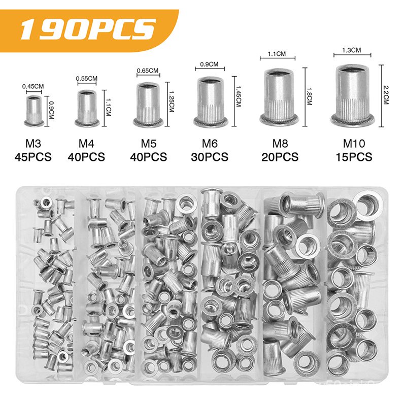 190/165/100pcs M3 M4 M5 M6 M8 M10 Aluminum Flat Head Rivet Nuts ...