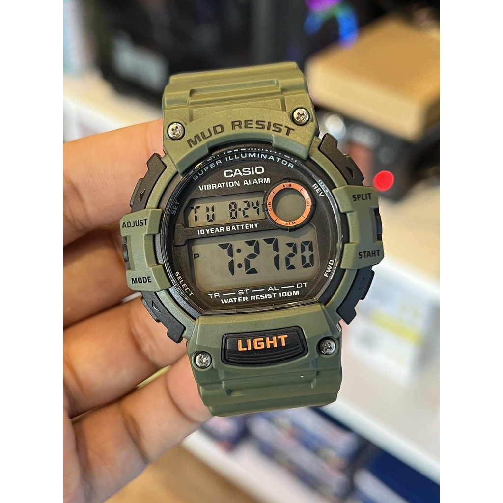 ORIGINAL CASIO Mud Resist Vibration Alarm Digital Military Green Resin