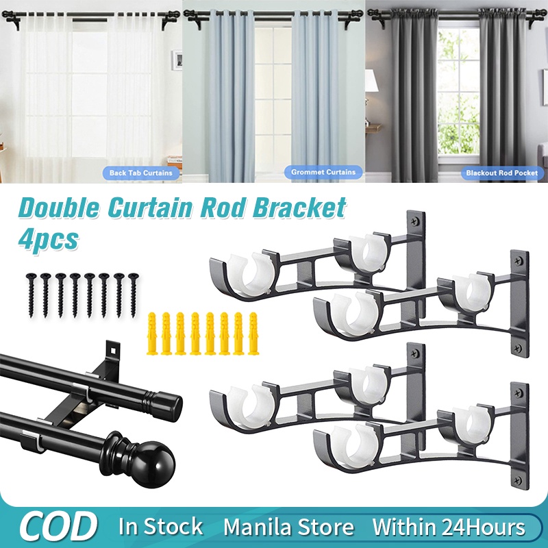 4pcs Curtain Rod Bracket, Double Curtain Rods Brackets Wall Mount Black