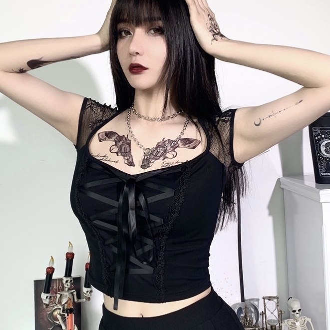 Vintage Sexy Women Low cut Mesh Tshirt Goth Bodycon Bandage Lace Black ...