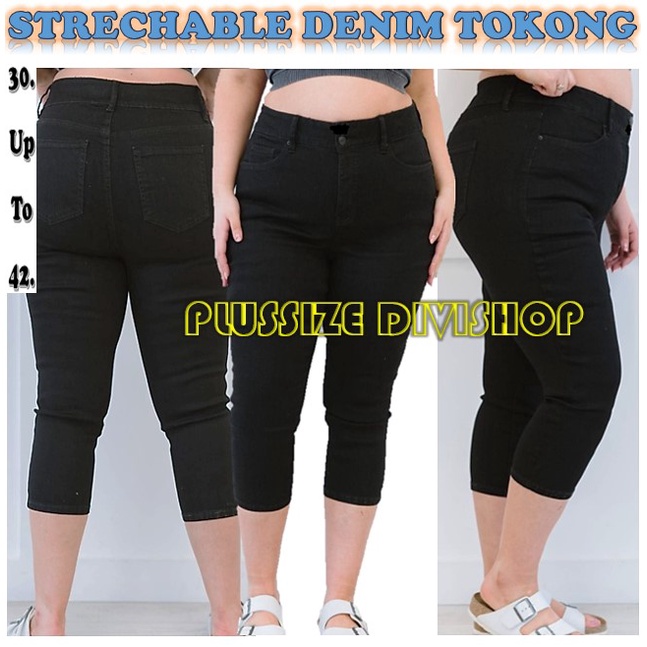 Plussize Highwaist August Tokong Denim Maong Strechable Black Capri Pedal Pants Big Size 30 40 4236