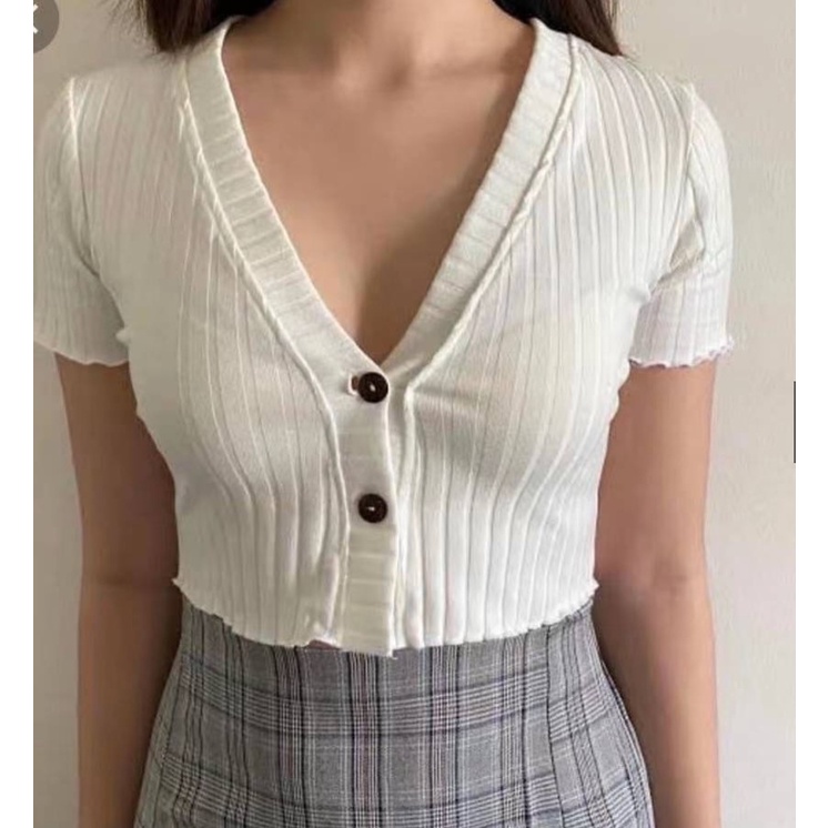 EMILY Button Down Design lettuce V neck Sexy Crop Top NEW TREND 10542 ...