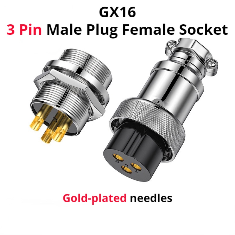 Gx16 Industrial Goldplated 3 Pin Aviation Male Plug / Female Socket