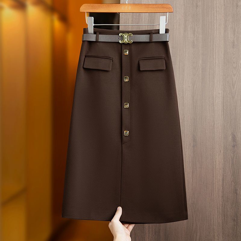 Fashionable single-breasted button with belt straight bag hip skirt ...