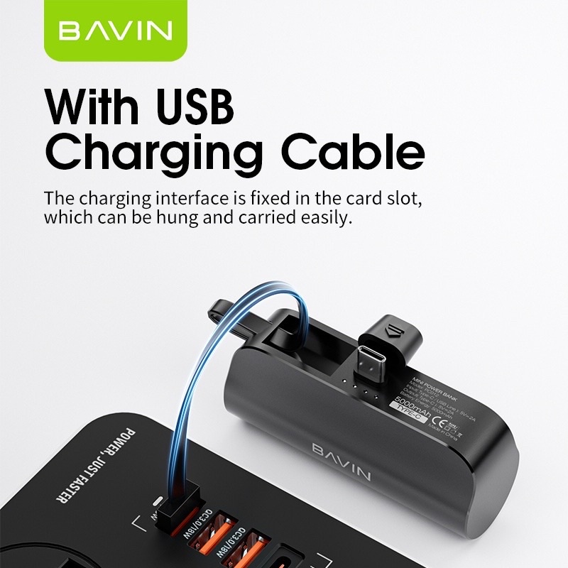 Bavin 5000mah Lipstick Mini Quick Charge Power Bank With Built In Charging Cable And Connector 5519