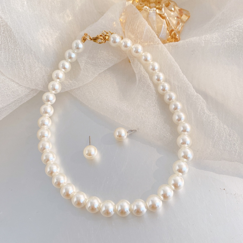 Bridal jewelry Ladies Pearl Necklace Earring Set White Classic Jewelry