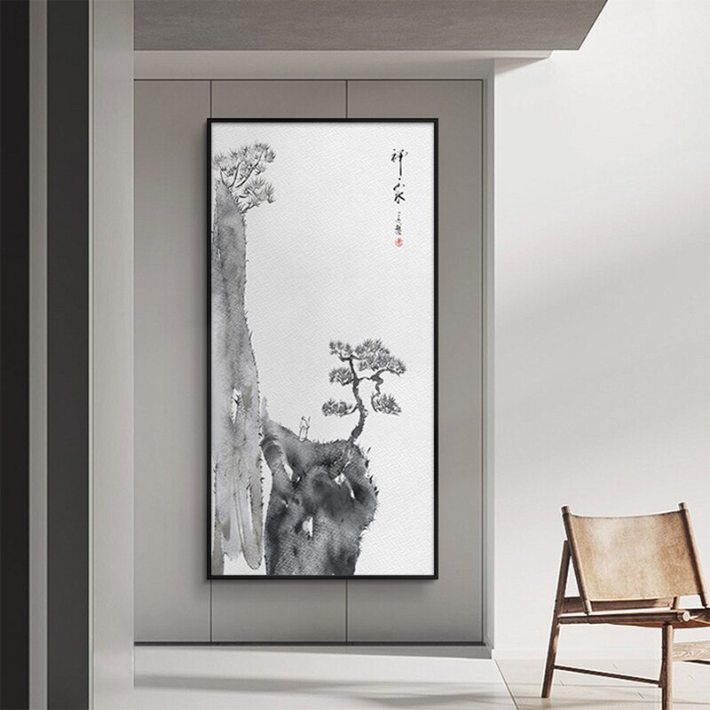 Black White Zen Landscape Art Canvas Printing Retro Chinese Style Wall