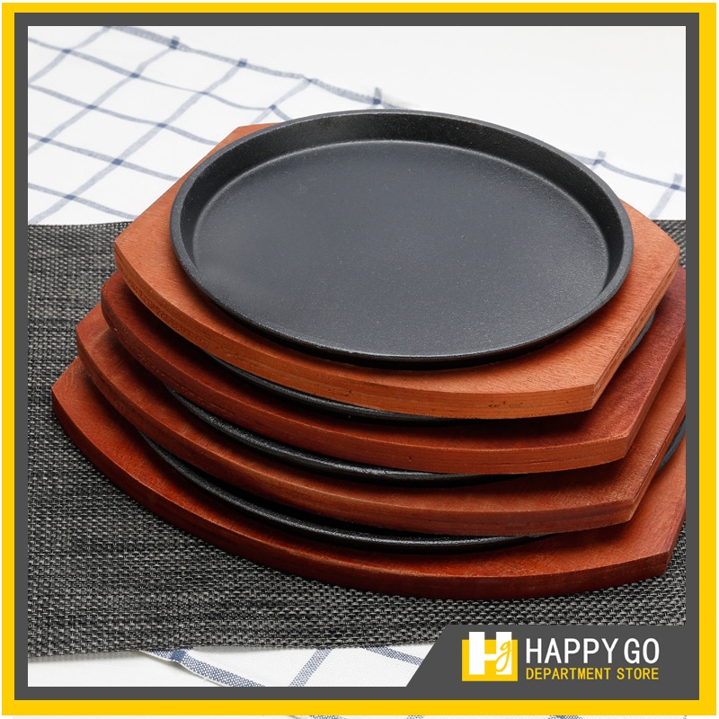 Happy Go 555 Cast Iron Steak Fajita Sizzling Platter Plate Bbq Grill Pan Cooking Wooden Holder 8138