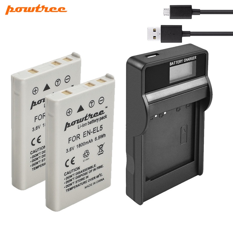 Powtree 1800mah 2pcs Enel5 Digital Camera Battery+usb Charger For