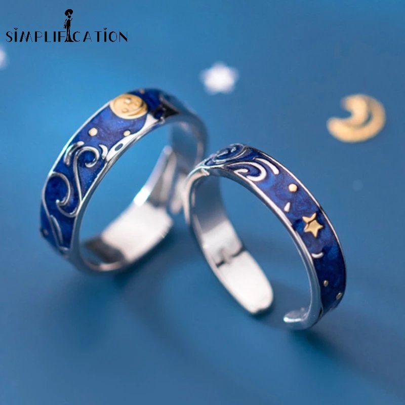 Romantic Starry Sky Night Van Gogh Silver Plated Lover Rings/ Niche ...