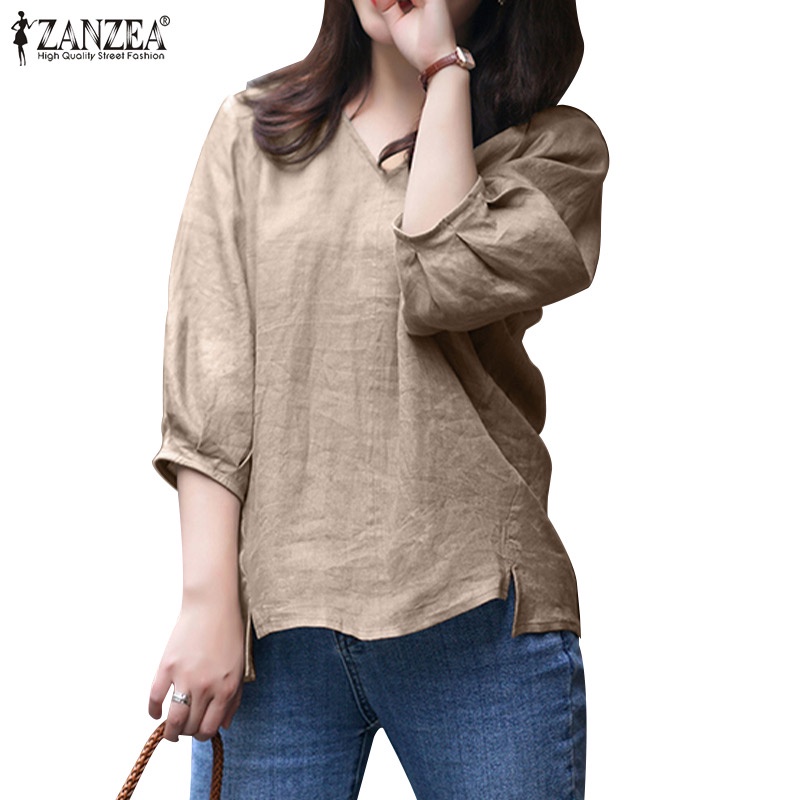 ZANZEA Women Casual Loose 3/4 Sleeve V Neck Plain Basic Tee Blouse ...