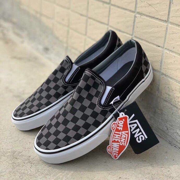 Vans Classic Slip On Black and Grey Checkerboard Canvas Sneakers-1907 ...