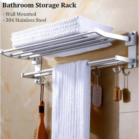 2 Layers Bathroom Hanging Towel Rack Aluminum Folding Shelves | Shopee ...