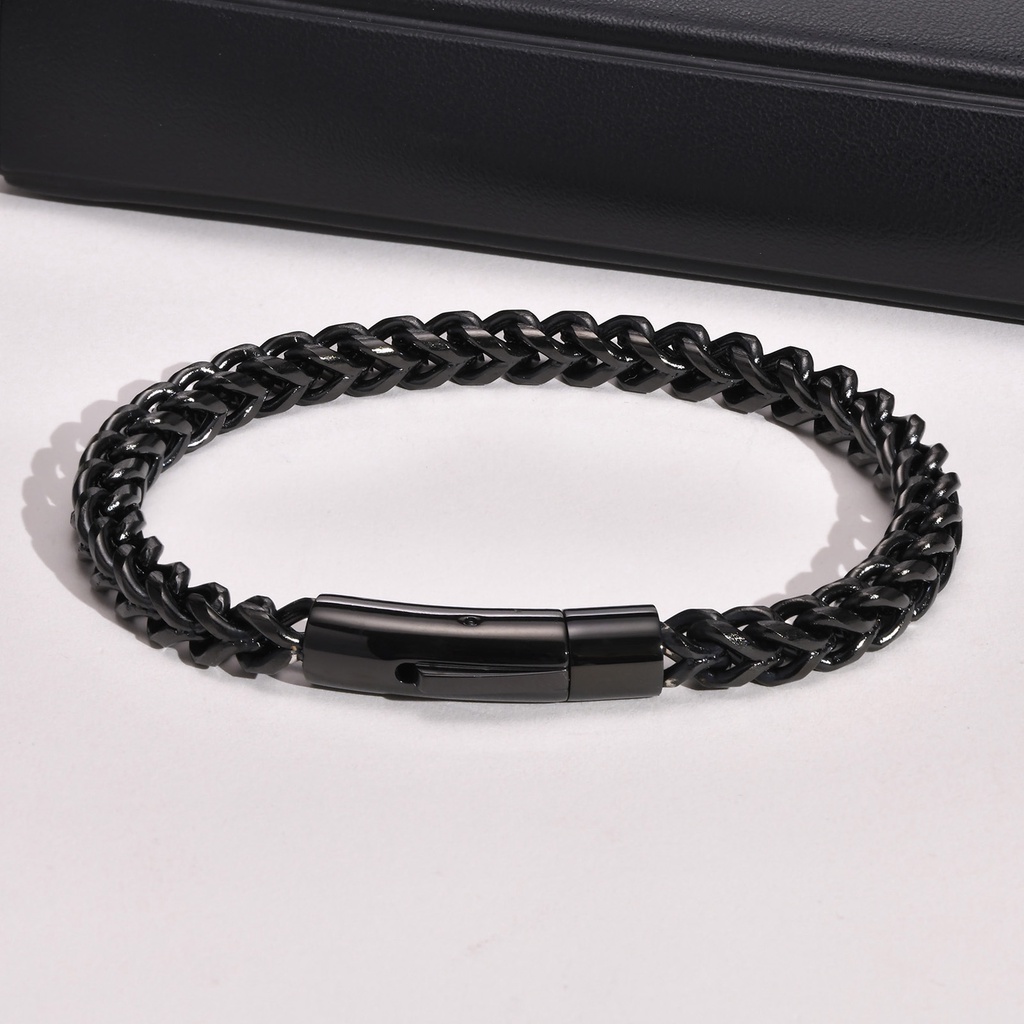 Men's Black Stainless Steel Cuban Link Bracelet - 8 4/8 Inch Solid Textured Bangle, Nickel-Free