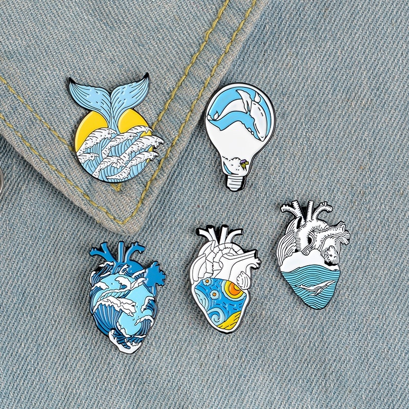 Heart Enamel Pins Ocean Wave Whale Human Heart Brooches Bag Clothes ...