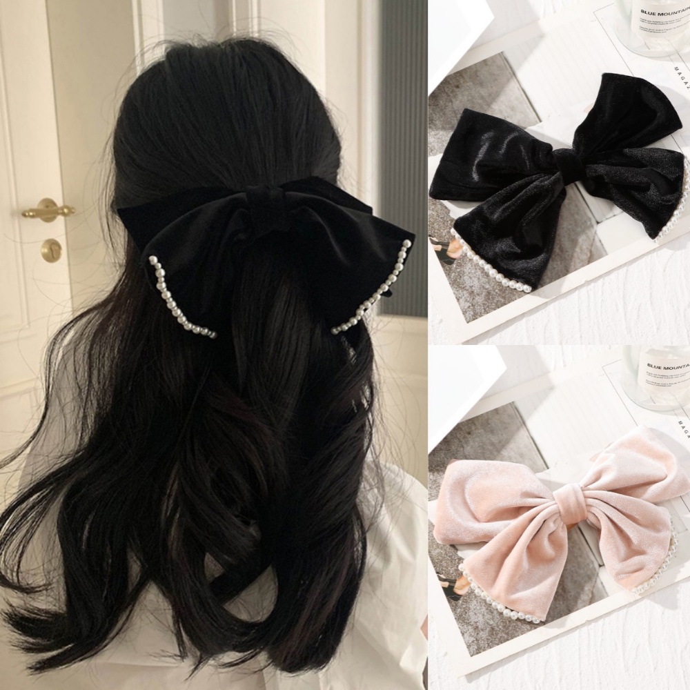 Korean New Fashion Hair Clip 20cm Velvet Big Bow Pearl Edge Spring Clip