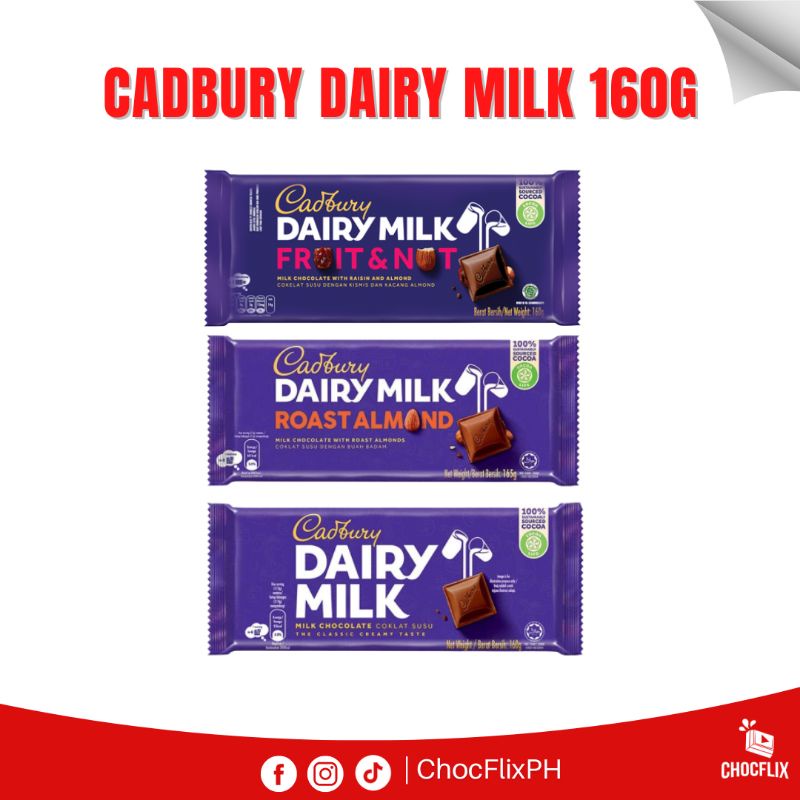 Cadbury Dairy Milk 160g (Hazelnut, Fruit and Nut, Roast Almond, and
