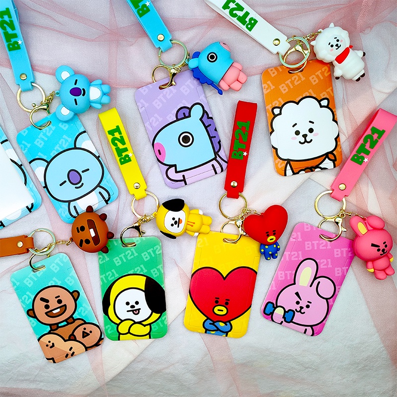 Kpop Bts Bt21 Keychain Strap With ID Card Holder Short 3D Key Chain ...