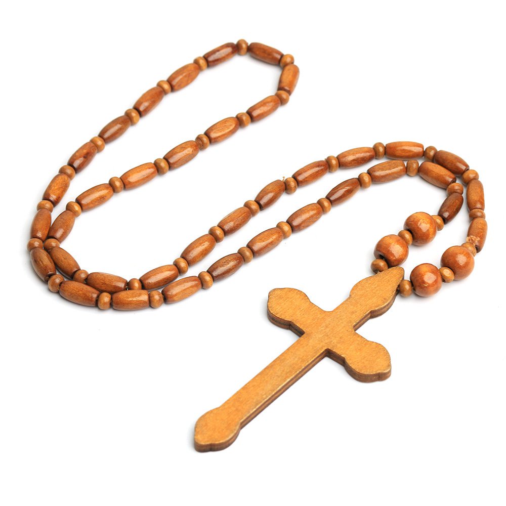 Catholic Cross Rosary Necklace 3 Colors Natural Wood Beads Handmade ...