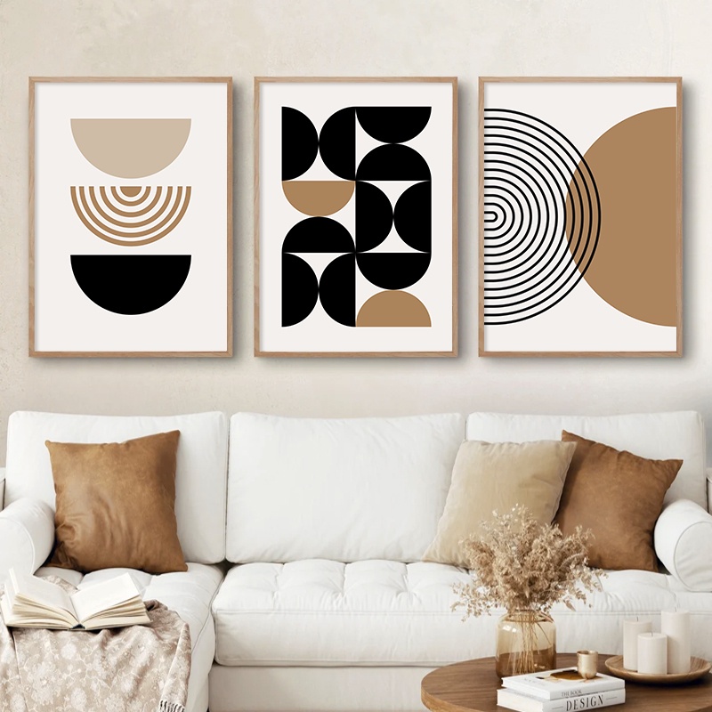Abstract Geometric Beige Black Mid Century Modern Poster Canvas ...