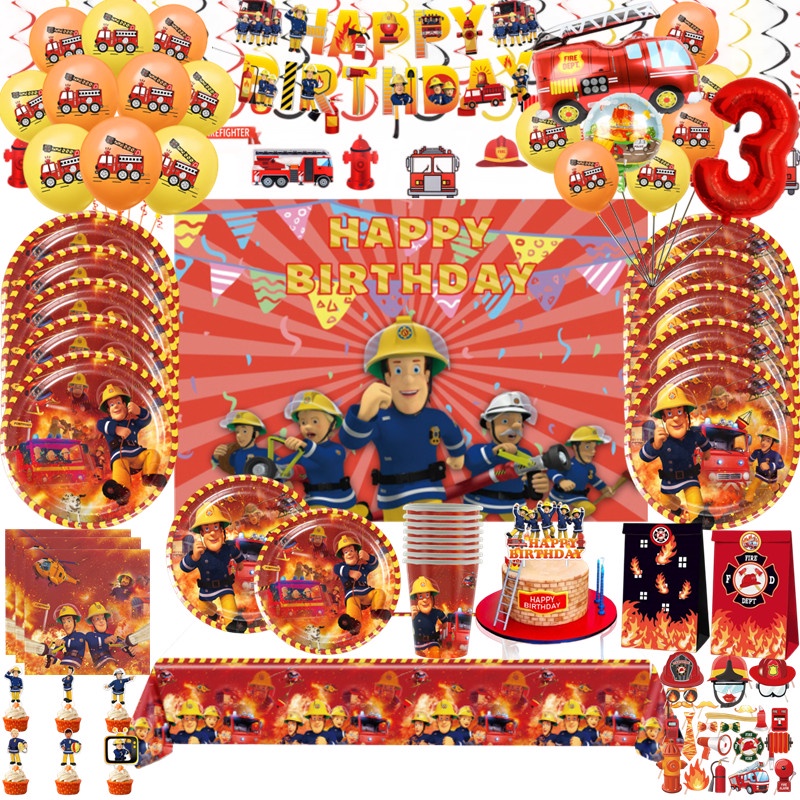 Fireman Sam Party Tableware Plates Cups Fire Engine truck Fireman Sam