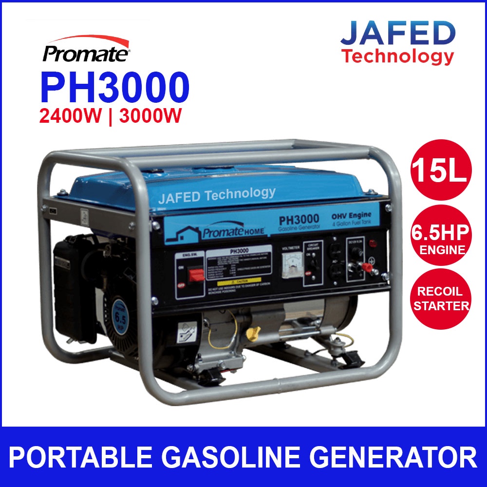 Promate PH3000 Portable Gasoline Generator 2400W/3000W 6.5HP 15L Tank