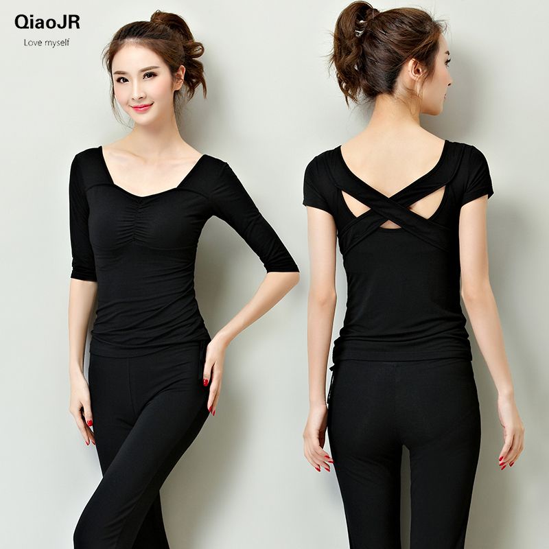 Short Mid-sleeve Yoga Clothes Cotton Tops | Modal with Chest Pad Dance ...