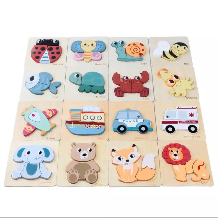 Kabi Four Puzzles Wooden Baby Jigsaw 3D Animal Traffic Cognitive ...