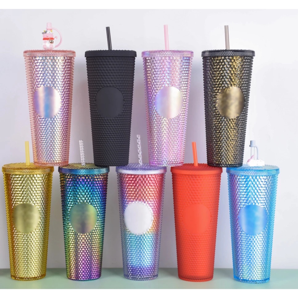 710ml Tumbler Water Cups With Straw Double Layer Plastic Durian Diamond ...