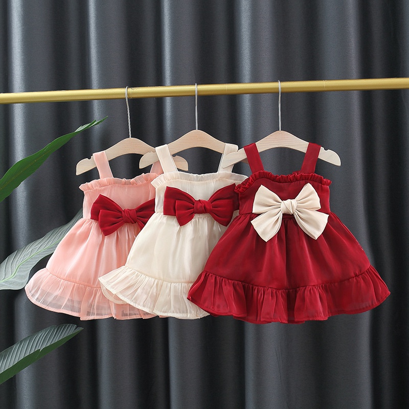 Summer Red Bow Baby Girl Princess Dress Ruffle Solid Color Infant Sling Dress Christmas Wedding Party Girls Children S Clothing 0 3 Years Shopee Philippines